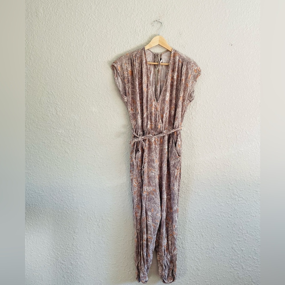 Free People Paisley Floral Grey V Neck Jumpsuit